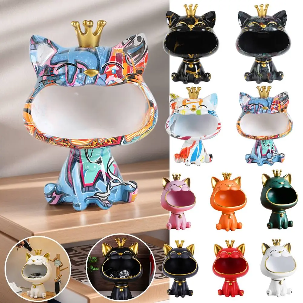 Crown Cat Figurine Storage Box Resin Big Mouths Cat Statue Home Decor Creative Big Mouths Cat Statue for Home Office Ideal Decor