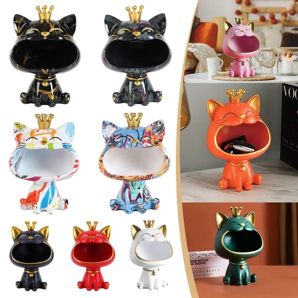 Crown Cat Figurine Storage Box Resin Big Mouths Cat Statue Home Decor Creative Big Mouths Cat Statue for Home Office Ideal Decor
