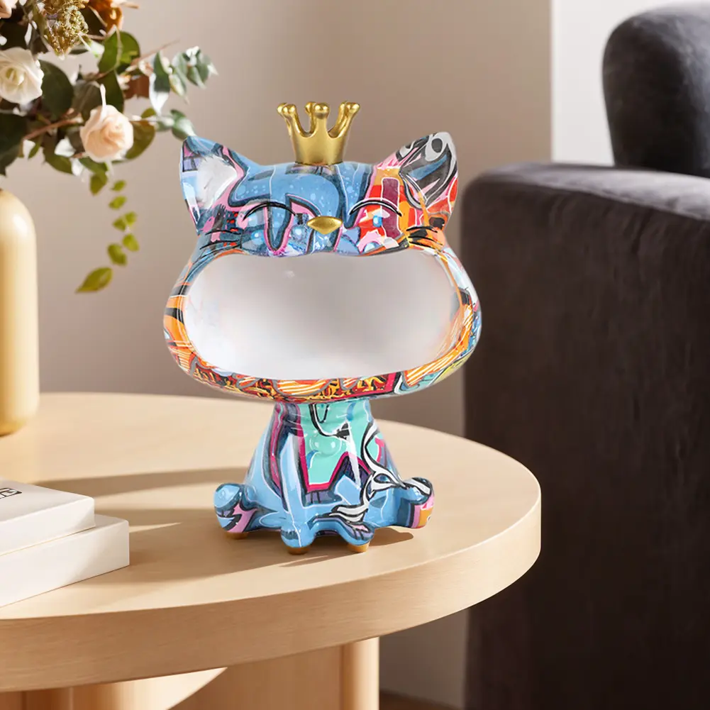 Crown Cat Figurine Storage Box Resin Big Mouths Cat Statue Home Decor Creative Big Mouths Cat Statue for Home Office Ideal Decor