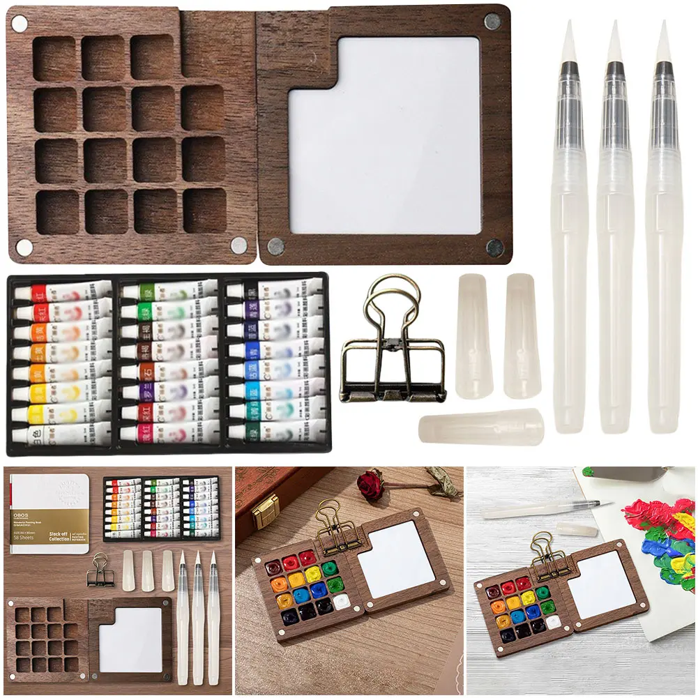 New Travel Paint Palette Mini Watercolor Palette Set Portable Watercolor Set Wooden Grid Paint Box Pocket Artist Watercolor Set