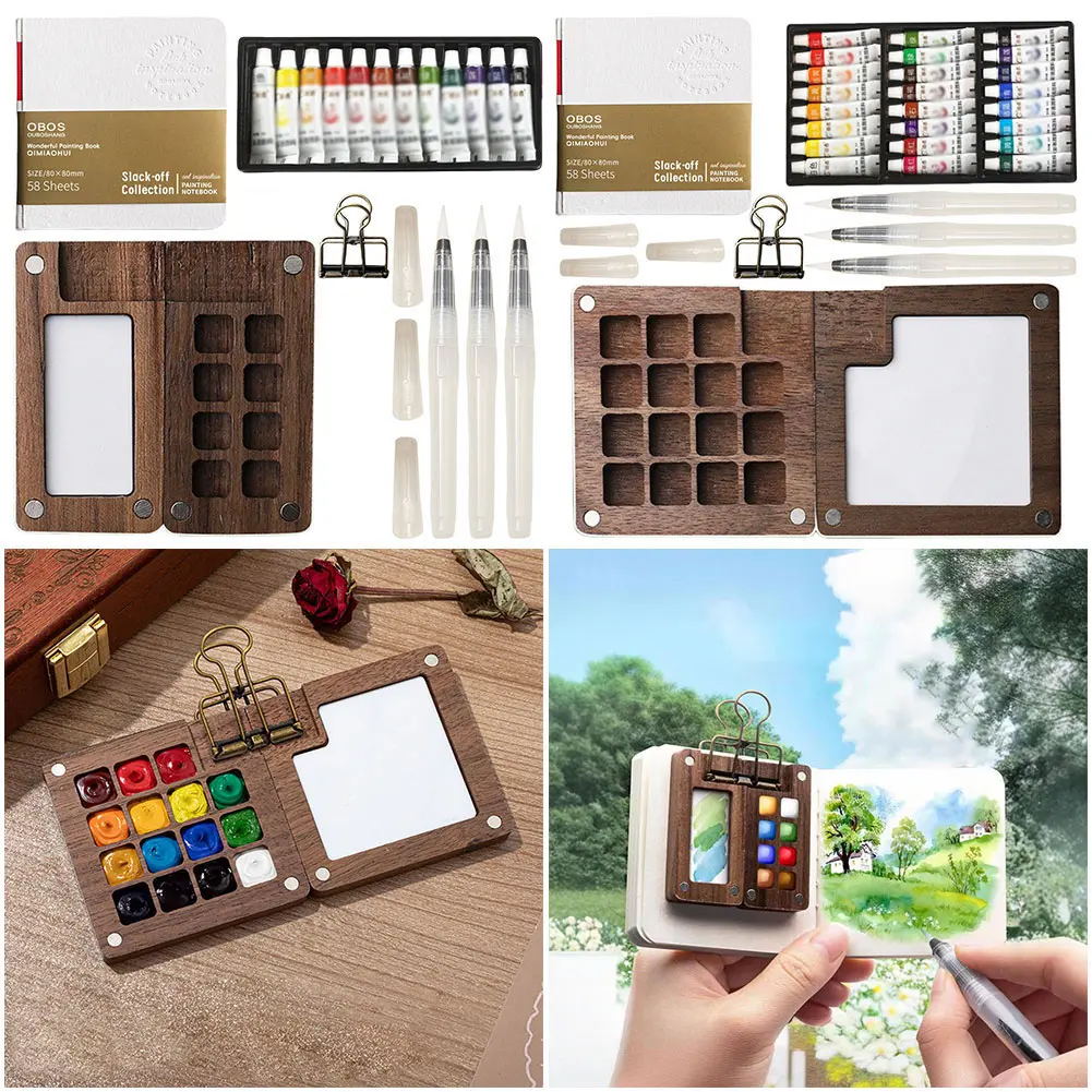 New Travel Paint Palette Mini Watercolor Palette Set Portable Watercolor Set Wooden Grid Paint Box Pocket Artist Watercolor Set