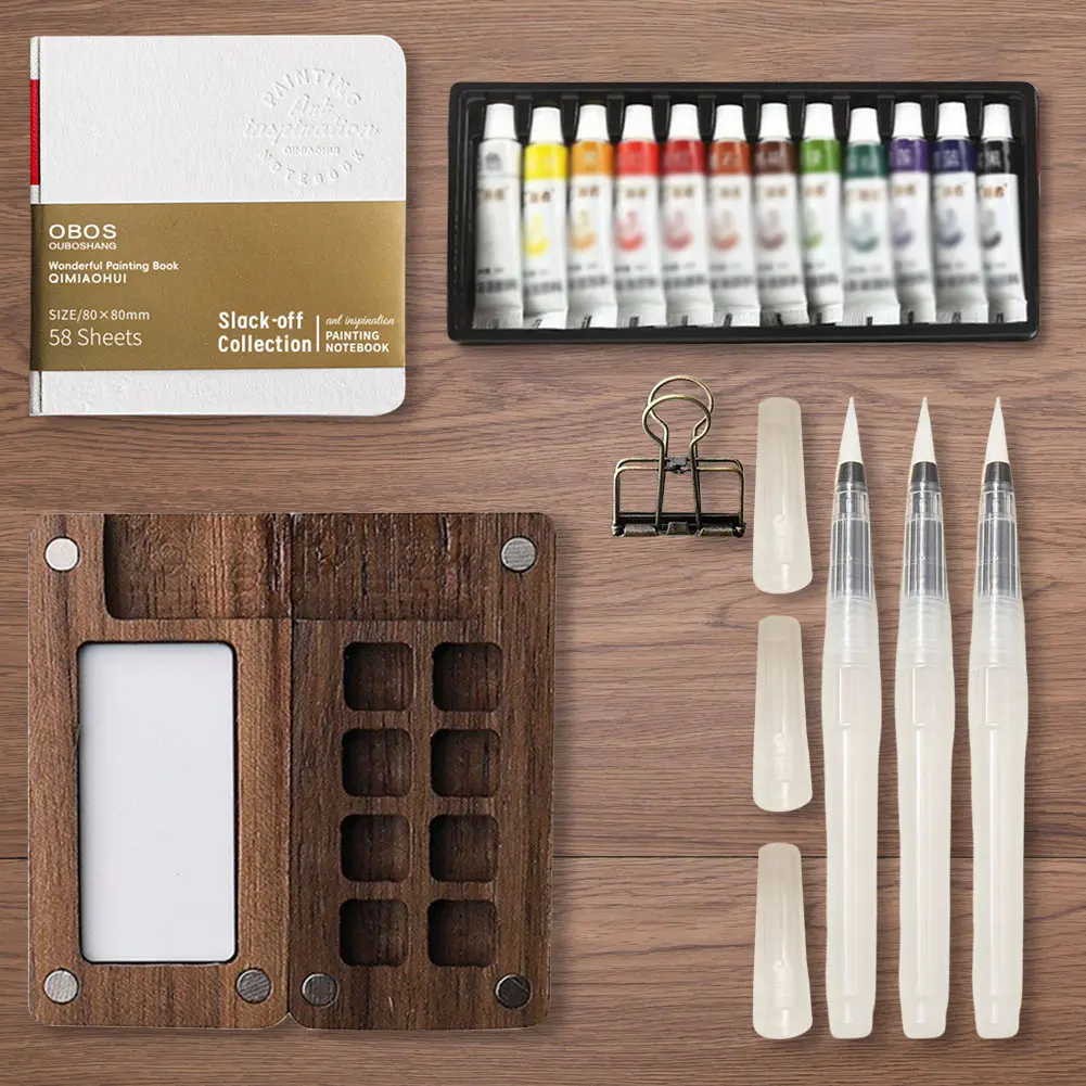 New Travel Paint Palette Mini Watercolor Palette Set Portable Watercolor Set Wooden Grid Paint Box Pocket Artist Watercolor Set