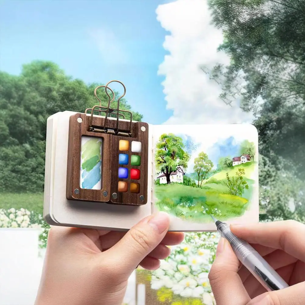 New Travel Paint Palette Mini Watercolor Palette Set Portable Watercolor Set Wooden Grid Paint Box Pocket Artist Watercolor Set