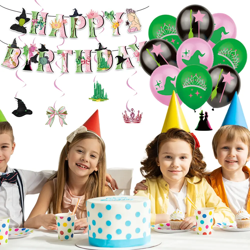 Disposable Wicked Birthday Party DecorationKit Cake Topper Magic Theme Party Ornament Wear Resist Mystery Witch Balloon Flag Set