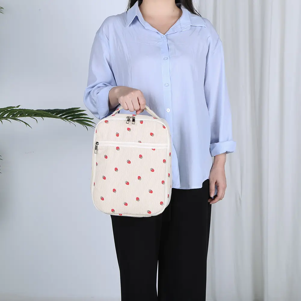 Lunch Bag for Women Corduroy Insulated Lunch Tote Bag Strawberry Lunch Box Lunch Case for School Travel Picnic
