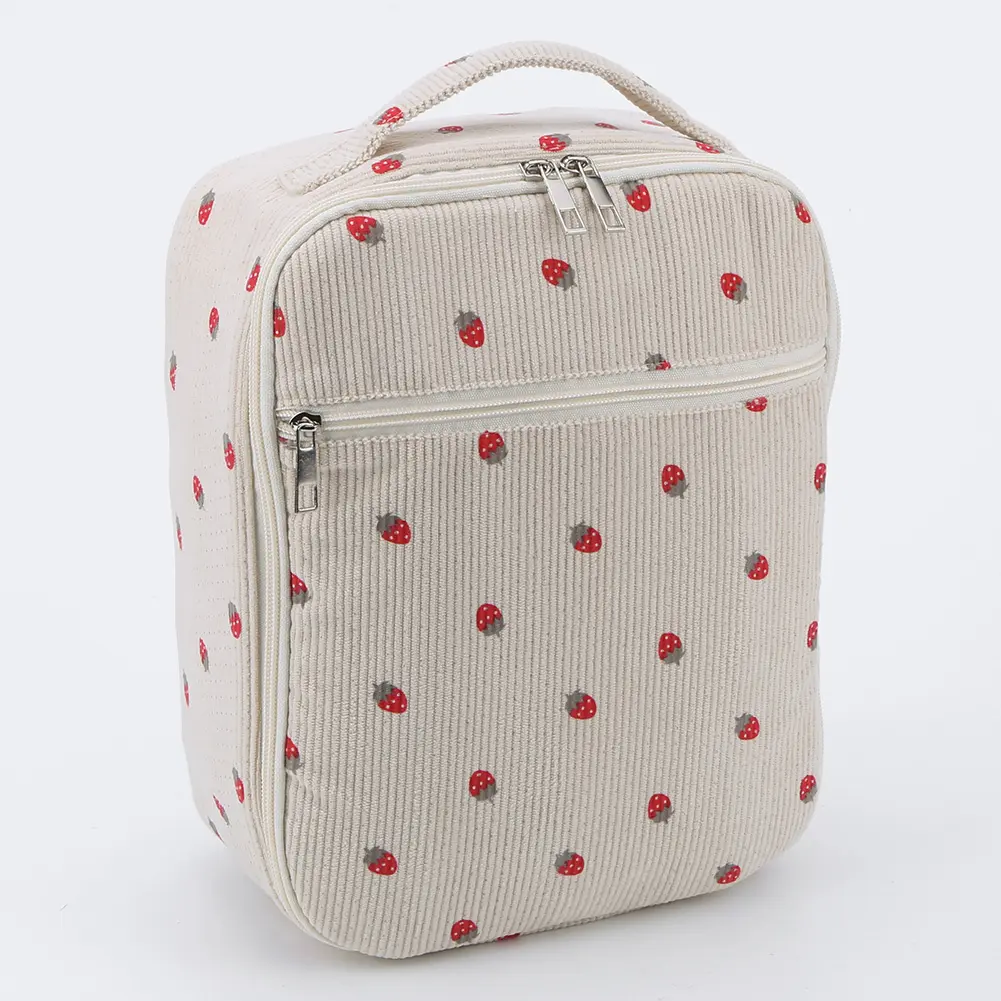 Lunch Bag for Women Corduroy Insulated Lunch Tote Bag Strawberry Lunch Box Lunch Case for School Travel Picnic