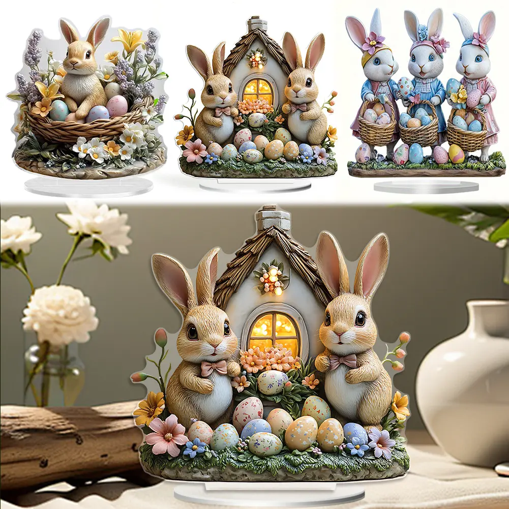 2D Flat Easter Colorful Bunny Ornament Rabbit Statue Acrylic Rabbit Garden Signs Cute Cartoon Bunny Decor for 2025 Spring Easter