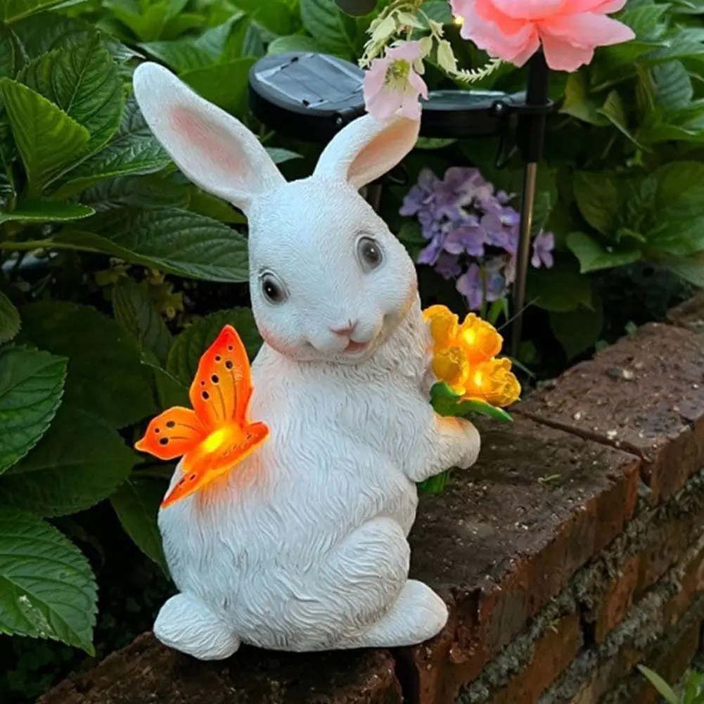 Solar Rabbit Statue Light Cute Bunny Statue Auto On Resin Rabbit Figurine Bunny LED Garden Light for Patio Yard Lawn