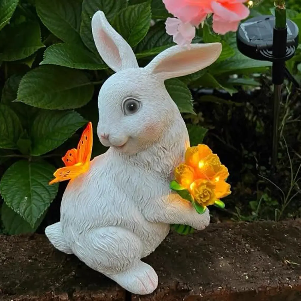 Solar Rabbit Statue Light Cute Bunny Statue Auto On Resin Rabbit Figurine Bunny LED Garden Light for Patio Yard Lawn