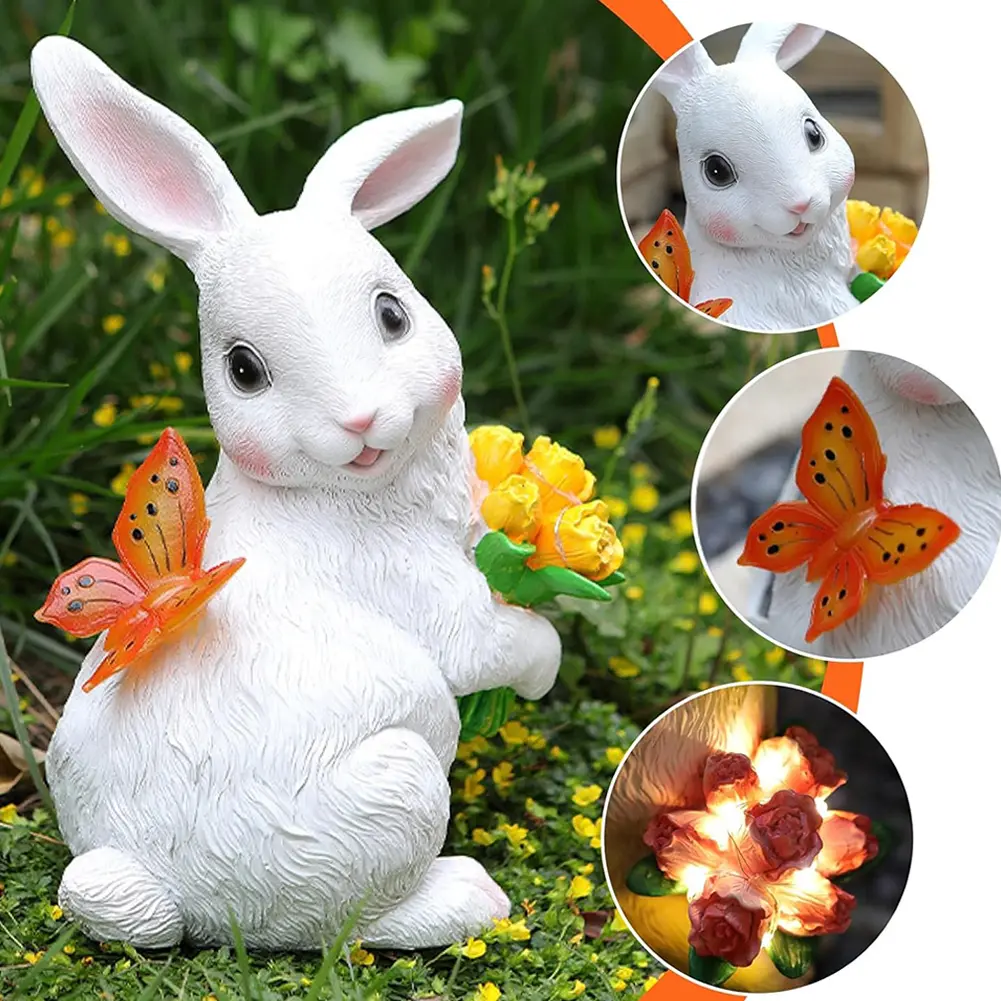 Solar Rabbit Statue Light Cute Bunny Statue Auto On Resin Rabbit Figurine Bunny LED Garden Light for Patio Yard Lawn