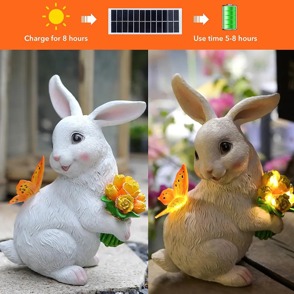 Solar Rabbit Statue Light Cute Bunny Statue Auto On Resin Rabbit Figurine Bunny LED Garden Light for Patio Yard Lawn