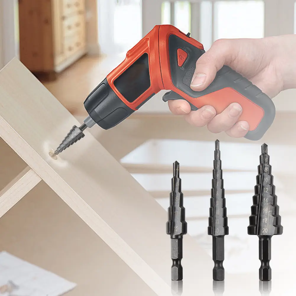3Pcs Straight Groove Step Drill Bit 4-12/4-20/4-32mm Core Drilling Tool Set Multi-Function Tower Drill Bit for Drilling
