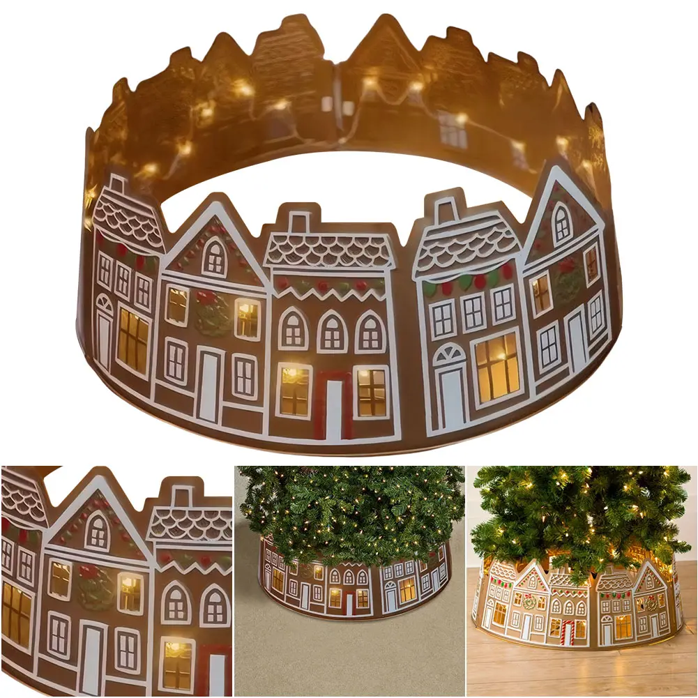 Gingerbread House Xmas Tree Base Cover with LED Lights Christmas Tree Stand Base Cover for Holiday Party Home Decoration