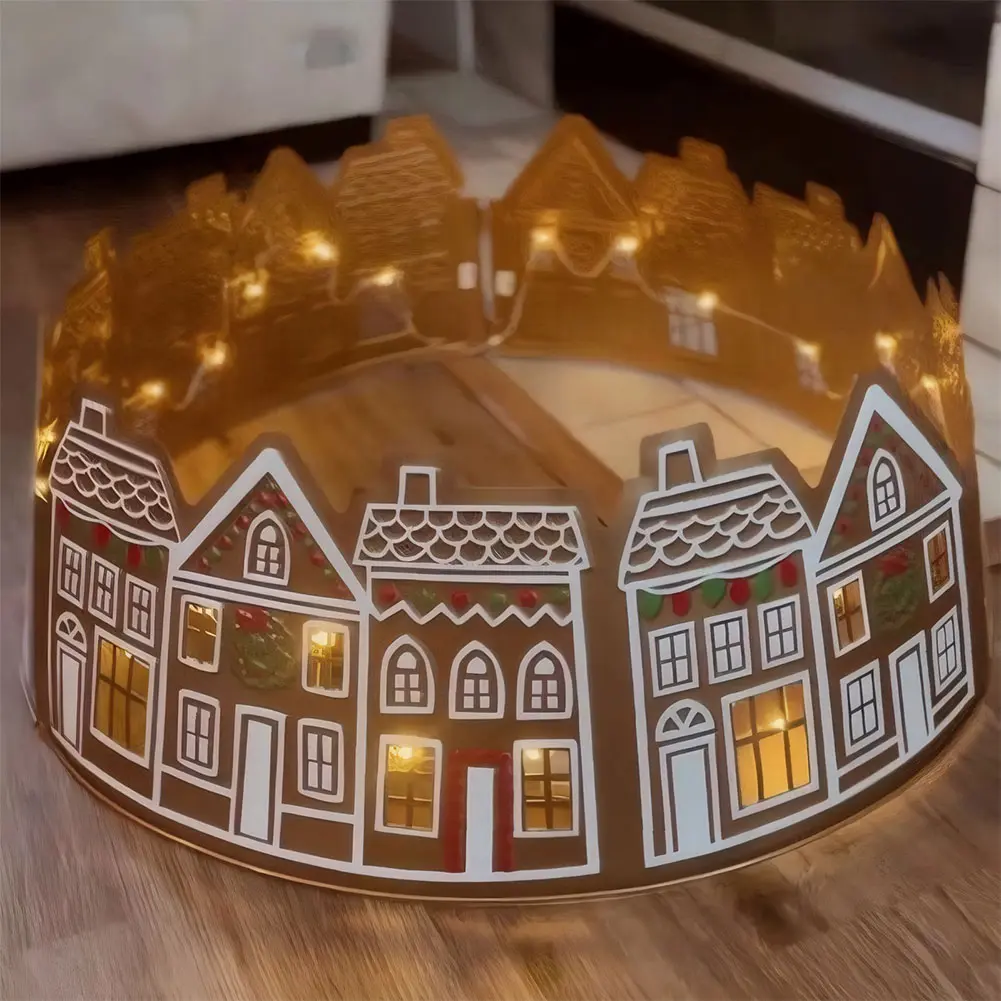 Gingerbread House Xmas Tree Base Cover with LED Lights Christmas Tree Stand Base Cover for Holiday Party Home Decoration