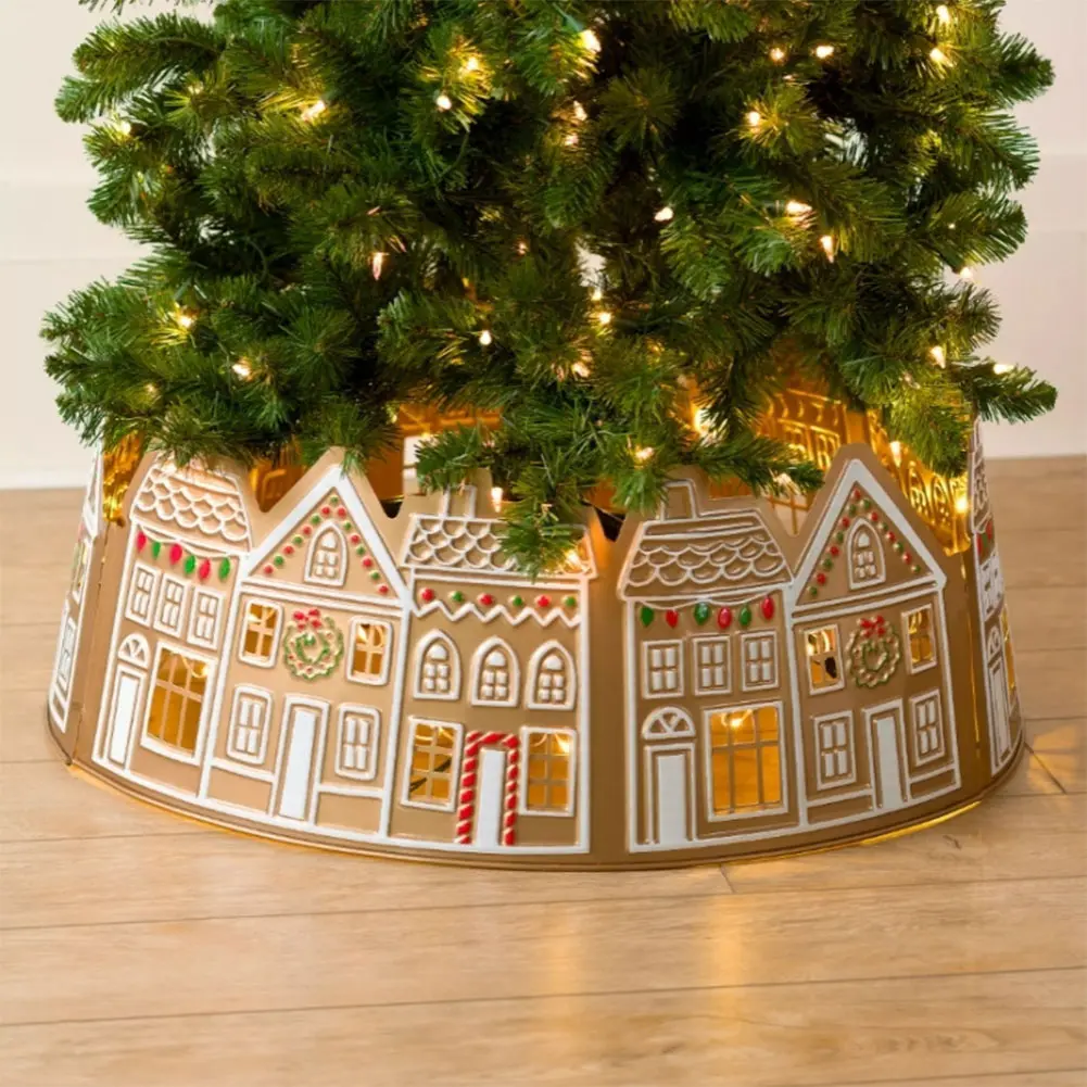 Gingerbread House Xmas Tree Base Cover with LED Lights Christmas Tree Stand Base Cover for Holiday Party Home Decoration