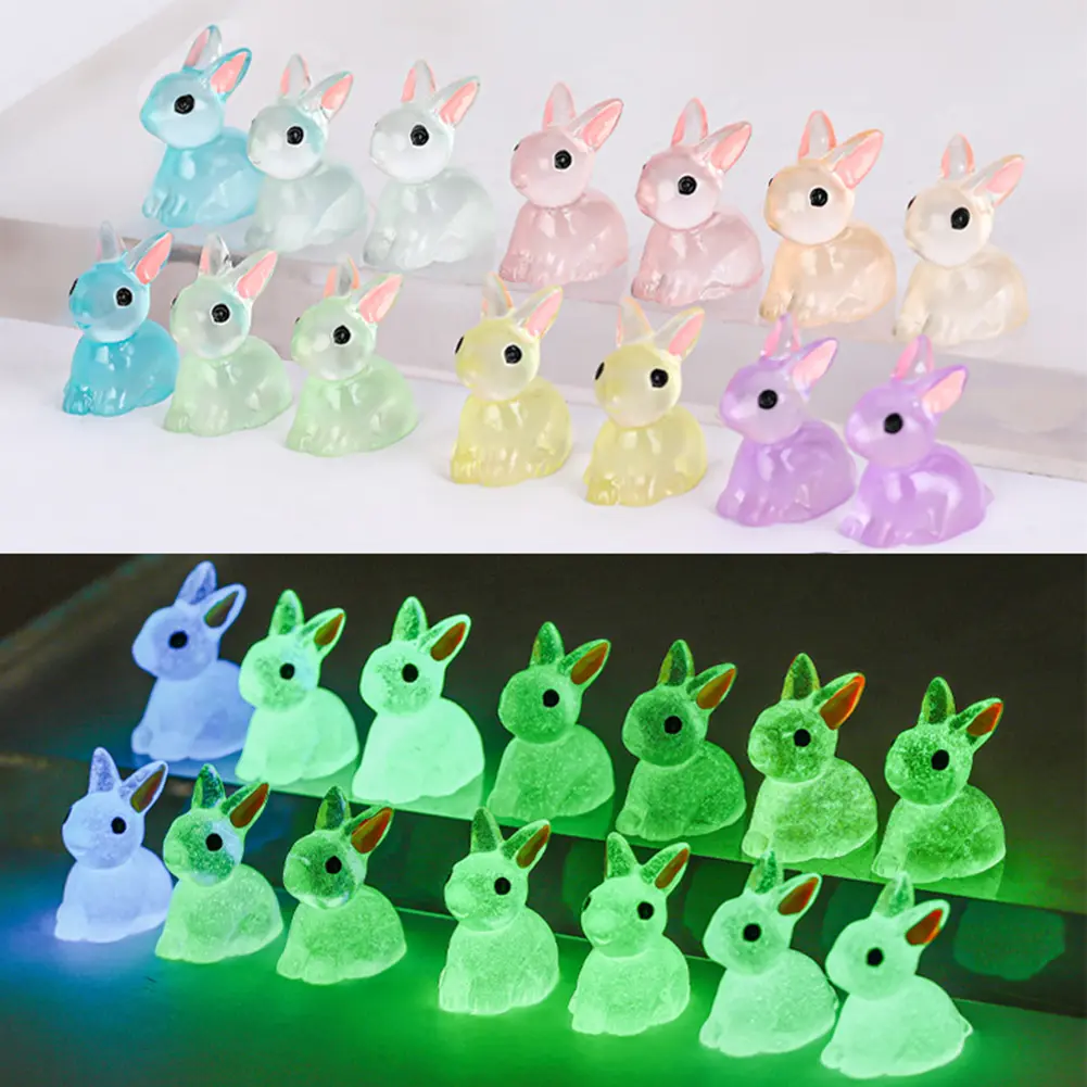 50Pcs Luminous Mini Resin Bunny 7 Colors Tiny Plastic Rabbits Mini Rabbit Statue for Easter Egg Fillers Fairy Garden Decoration