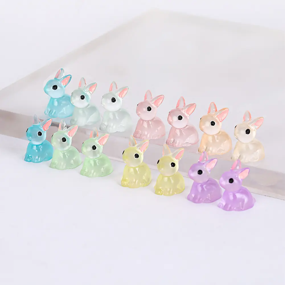 50Pcs Luminous Mini Resin Bunny 7 Colors Tiny Plastic Rabbits Mini Rabbit Statue for Easter Egg Fillers Fairy Garden Decoration