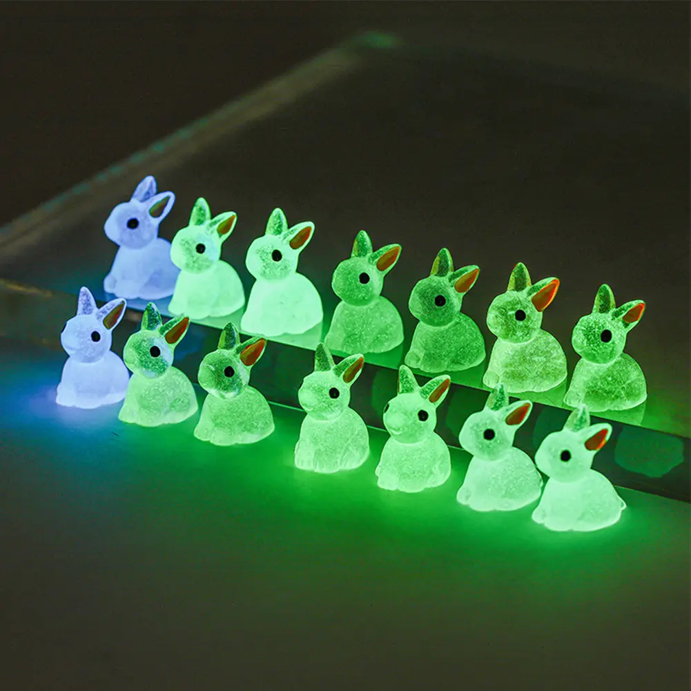50Pcs Luminous Mini Resin Bunny 7 Colors Tiny Plastic Rabbits Mini Rabbit Statue for Easter Egg Fillers Fairy Garden Decoration
