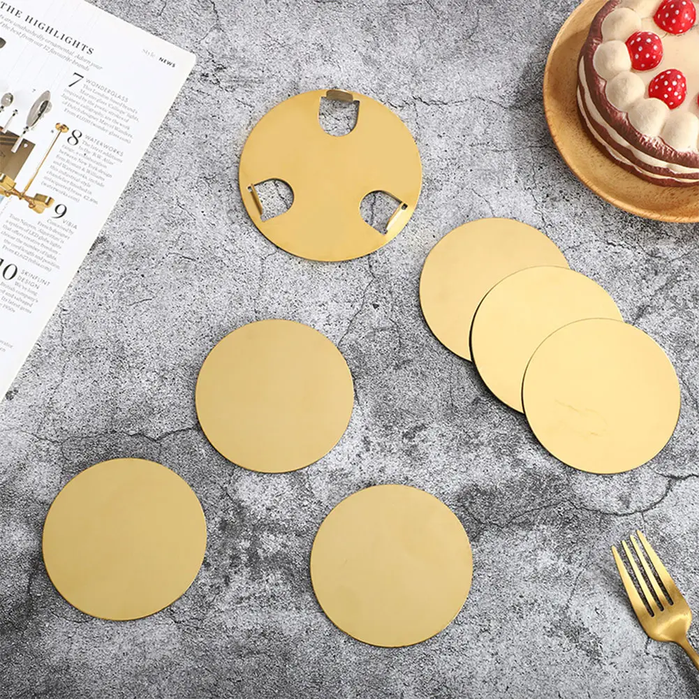 6Pcs Stainless Steel Coasters Gold Cup Coasters Set with Holder Round Cup Coasters Non Slip Heat-Resisitant Metal Cup Coasters