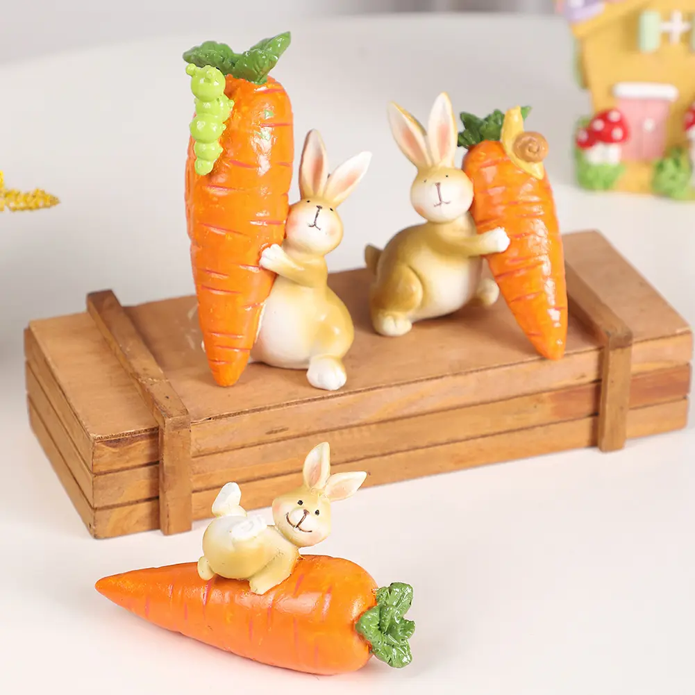 Mini Easter Funny Rabbit Statue Cute Resin Bunny Holding Carrot Ornament Reusable Creative Rabbit Figurine for Garden Home Decor