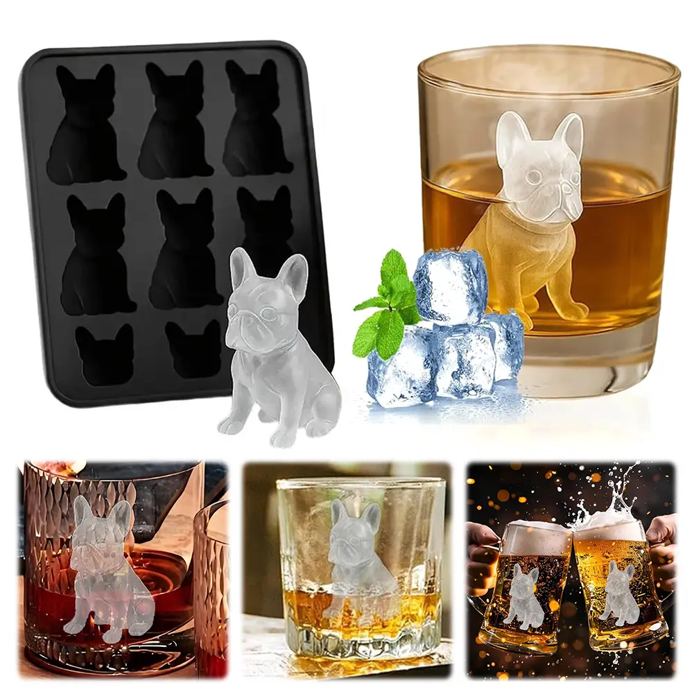 Tray Set French Bulldog Ice Cubes Mold Tray Silicone 3D Dog Shaped Ice Mold Maker 6-Cavity Whiskey Ice Molds Cute Novelty Gifts