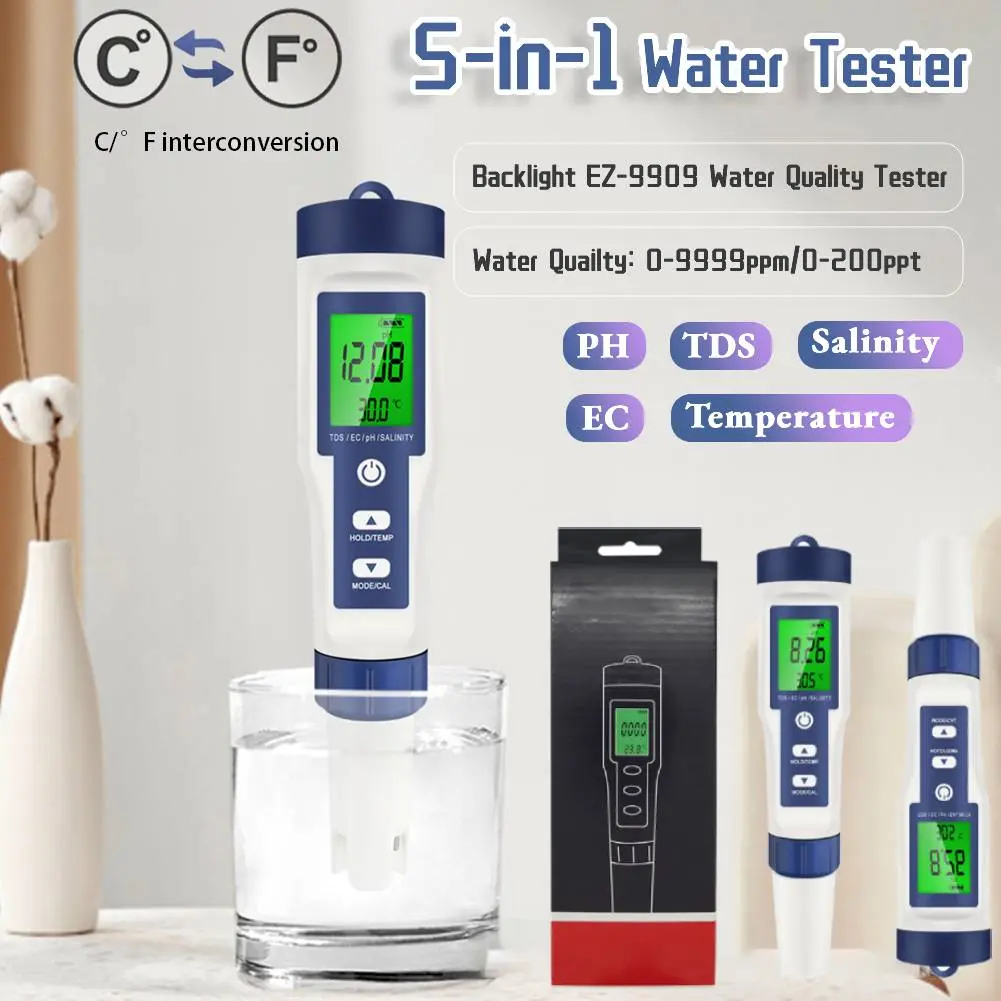 5-in-1 Water Tester Pool Salt Tester High Accuracy Water Quality Tester Backlight PH/EC/TDS/Salt/Temp Meter for Pools Aquariums