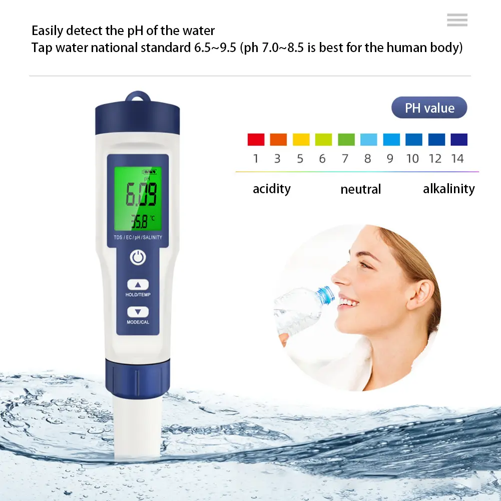 5-in-1 Water Tester Pool Salt Tester High Accuracy Water Quality Tester Backlight PH/EC/TDS/Salt/Temp Meter for Pools Aquariums