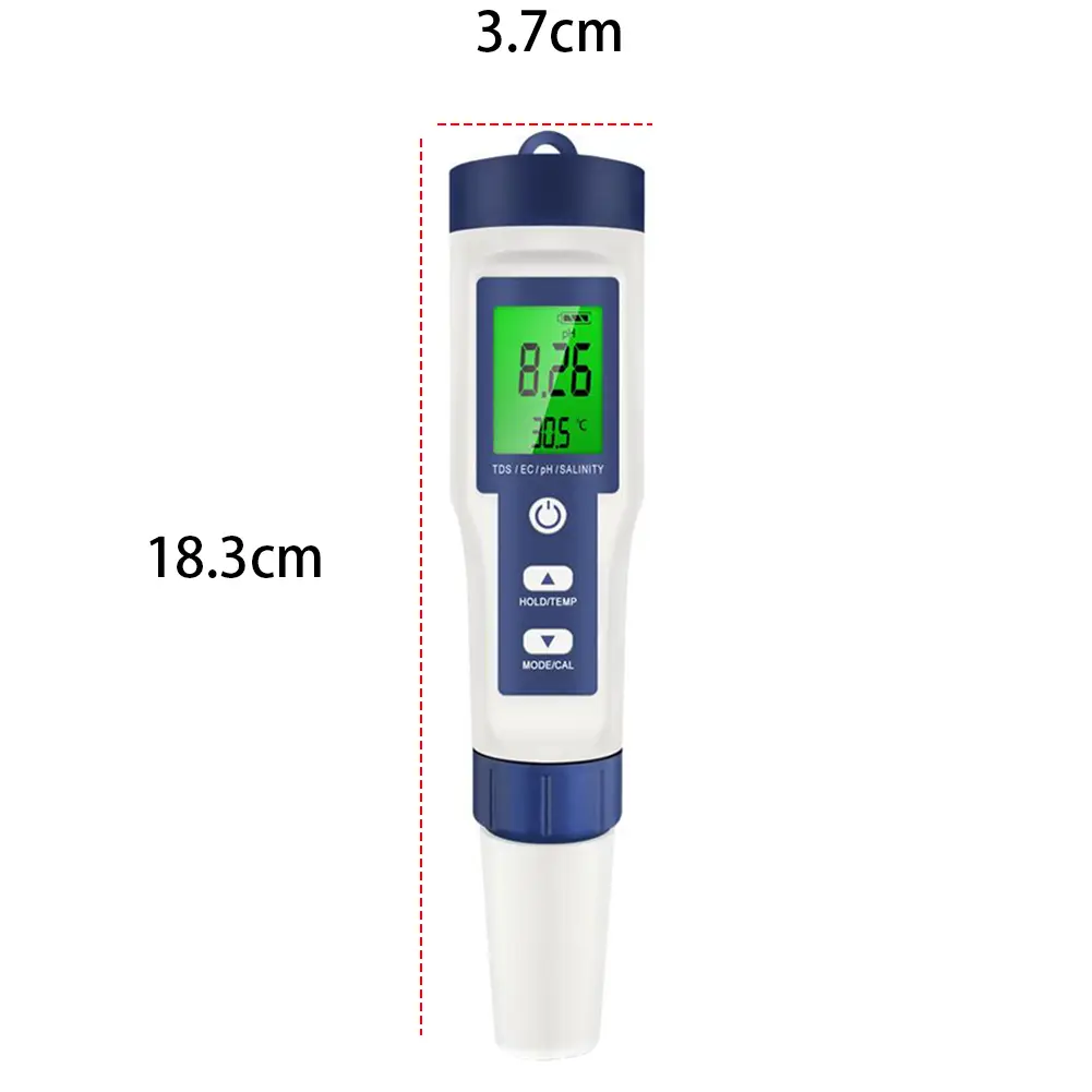 5-in-1 Water Tester Pool Salt Tester High Accuracy Water Quality Tester Backlight PH/EC/TDS/Salt/Temp Meter for Pools Aquariums