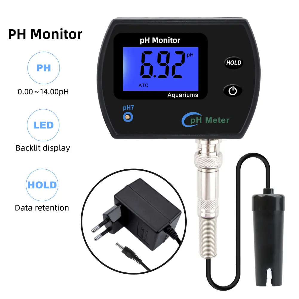 PH Electrode Probe Digital Water Monitor Tester Accurate Wall Mounted Online Hydroponics Tool for Aquariums Fish Tank EU Plug