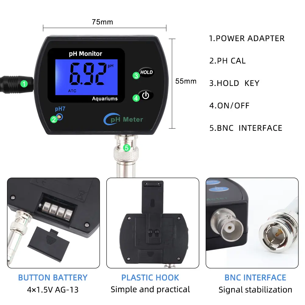 PH Electrode Probe Digital Water Monitor Tester Accurate Wall Mounted Online Hydroponics Tool for Aquariums Fish Tank EU Plug