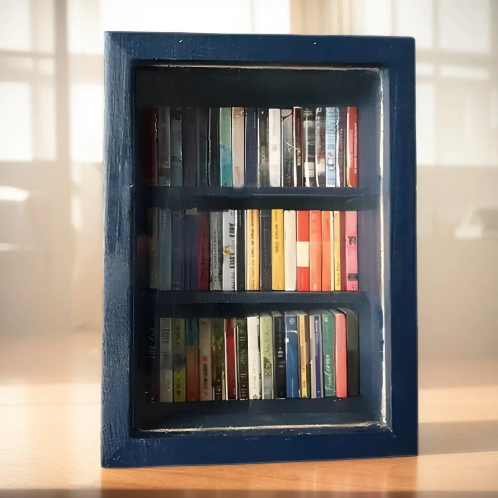 Mini Bookshelf Ornament with 60PCS Mini Books Shake Your Anxiety Pocket Anxiety Bookshelf for Home Room Living Room Office Decor