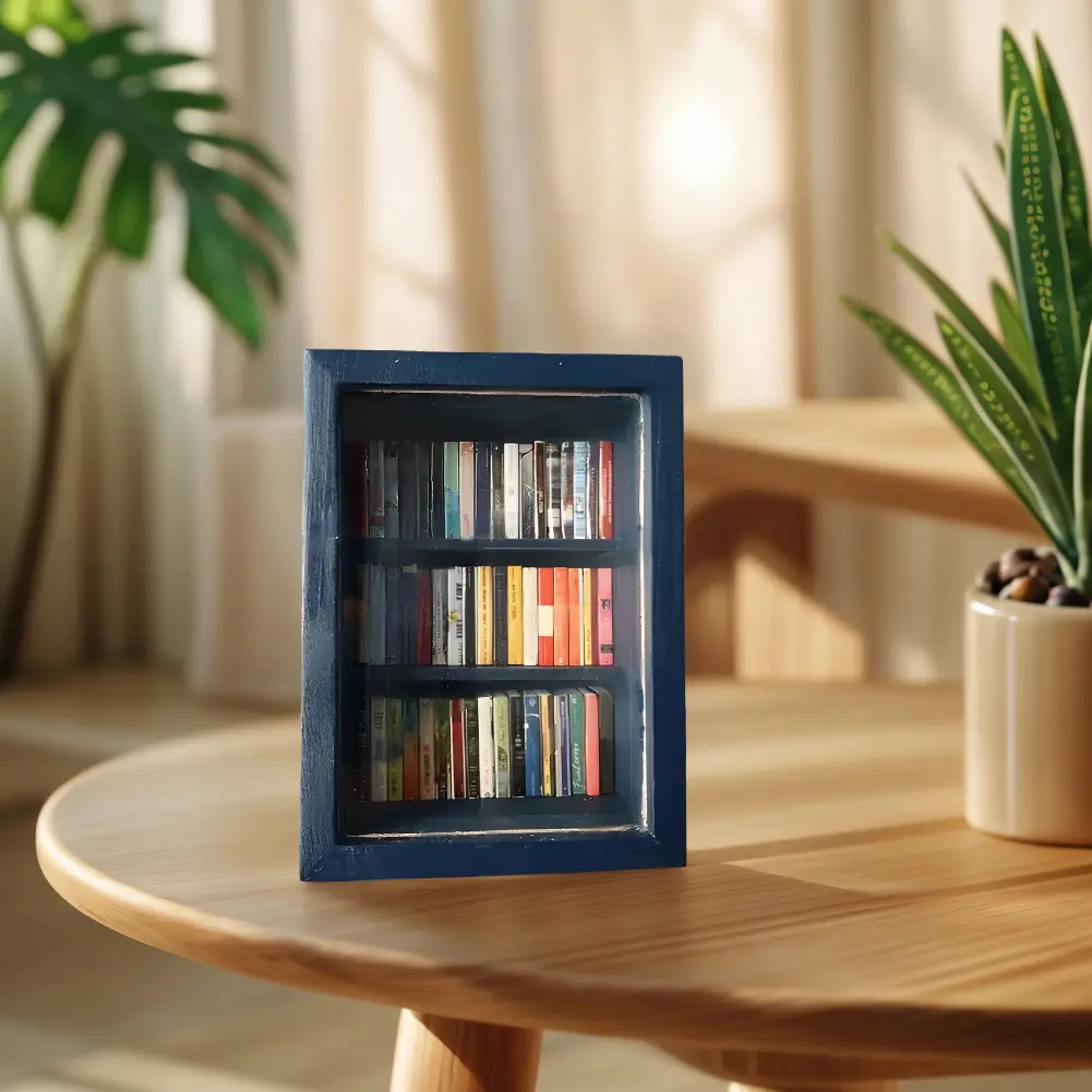Mini Bookshelf Ornament with 60PCS Mini Books Shake Your Anxiety Pocket Anxiety Bookshelf for Home Room Living Room Office Decor