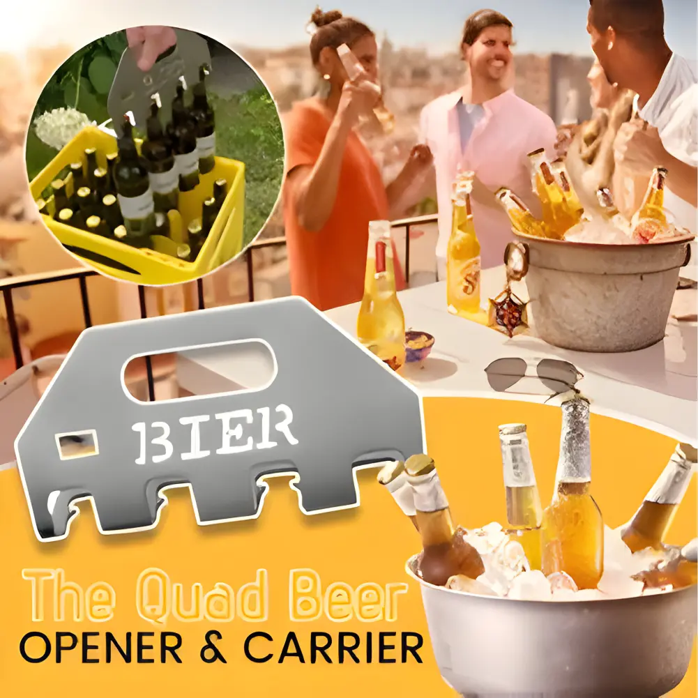 4 in 1 Bottle Beer Opener One-Push Open 4 Bottles Durable Stainless Steel Beer Carrier Holder with Carry Handle for Home Bar BBQ