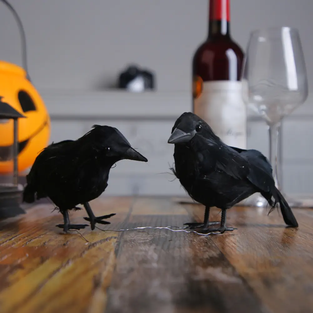 Simulation Black Crows Halloween Black Feather Crow Realistic Ravens Desktop Figurines Halloween Decor Festive Atmosphere Props