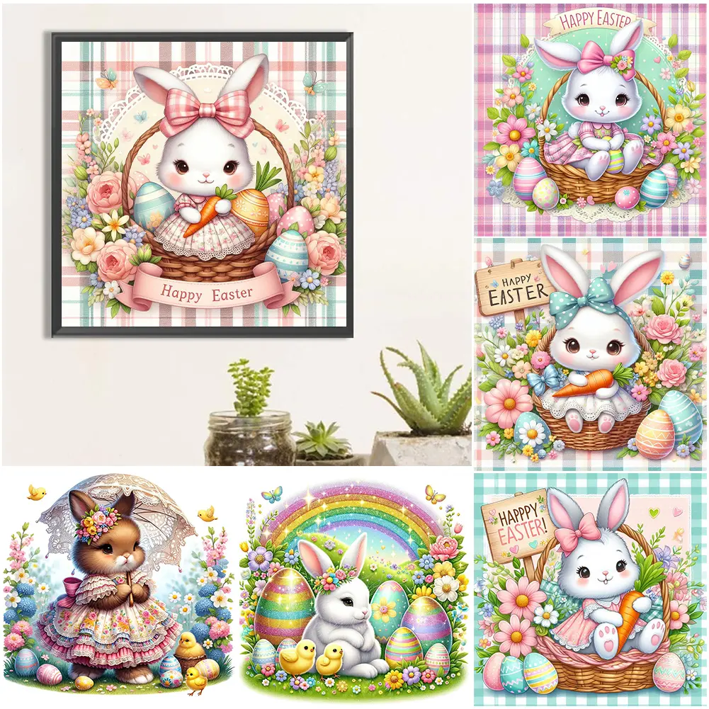 2pcs 5D DIY Full Round Drill Diamond Painting Easter Rabbit Egg Flower Handmade Craft Household Decor for Easter Festival Party