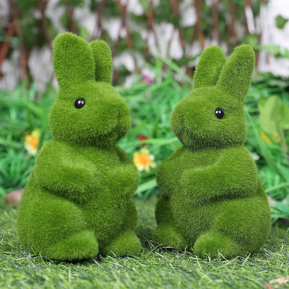 2Pcs Flocking Bunny Statue Artificial Moss Rabbit Figurine Decorative Fake Green Moss Rabbit Decoration for Patio Garden Yard
