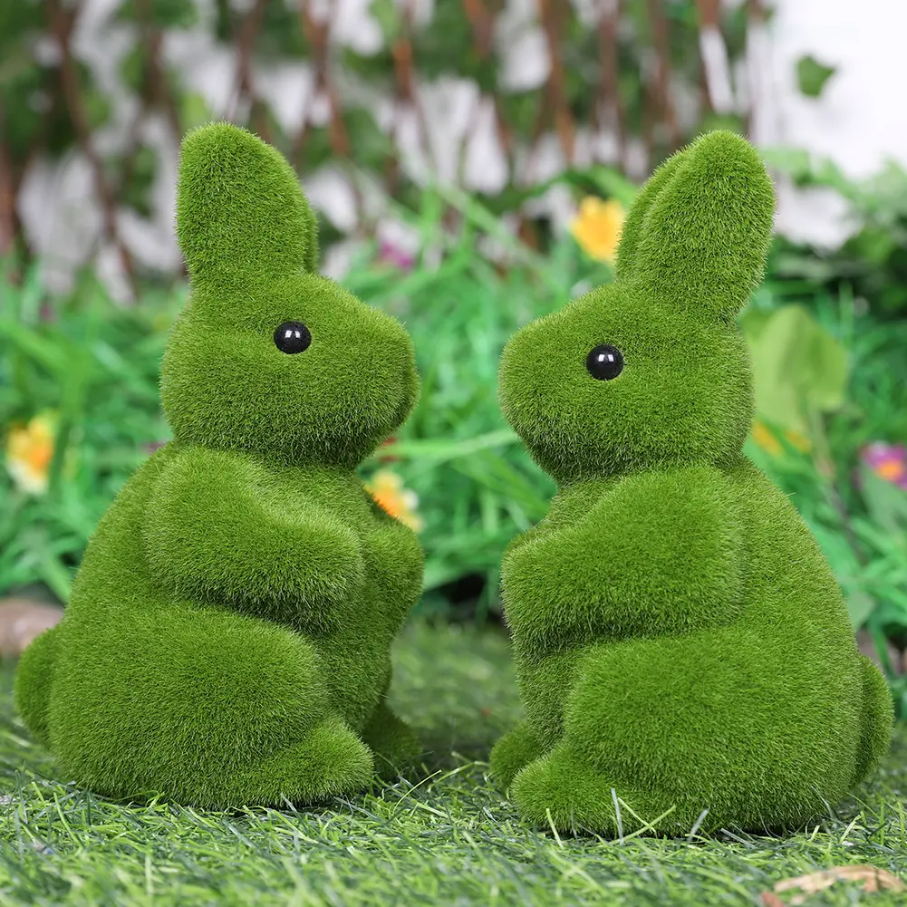2Pcs Flocking Bunny Statue Artificial Moss Rabbit Figurine Decorative Fake Green Moss Rabbit Decoration for Patio Garden Yard
