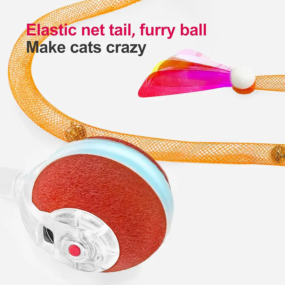 Interactive Cat Toy Ball with Elastic Mesh Tail Automatic Pet Exercise Toy Motion Activated Electric Cat Toy for Indoor Cats