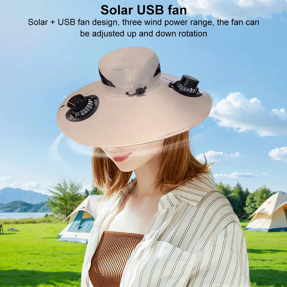 Wide Brim Solar Fan Hat Sun Visor Hat UV Protection Summer Beach Hat with 2 Removable Fan Summer Hat for Outdoor Hiking Camping