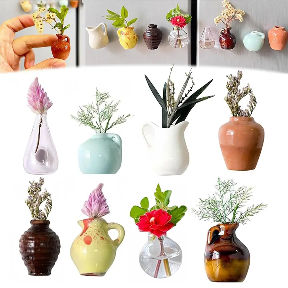 8pcs Mini Ceramic Vase Refrigerator Magnets 3D Creative Cute Refrigerator Stickers Decoration for Home Kitchen Office Whiteboard