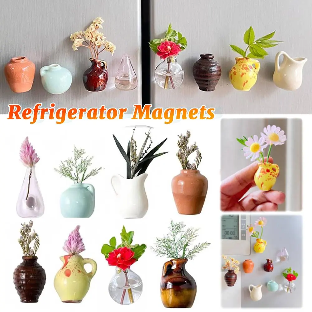 8pcs Mini Ceramic Vase Refrigerator Magnets 3D Creative Cute Refrigerator Stickers Decoration for Home Kitchen Office Whiteboard