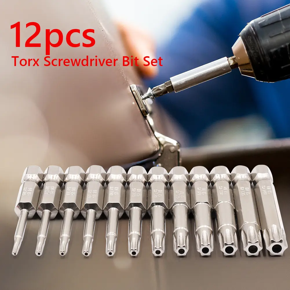 12pcs Head Torx Drill Set Hard Electroplating 50mm Screwdriver Kit Six Stars with Holes Pneumatic Driver Head T5-T40 Hand Tools