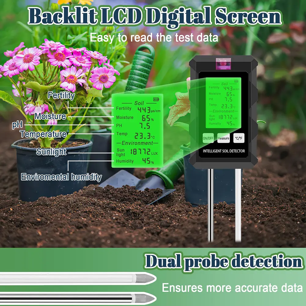6 in 1 Soil Tester Soil Thermometer LCD Display Temperature Humidity Tester Multi-Function Pricise for Outdoor & Indoor Use