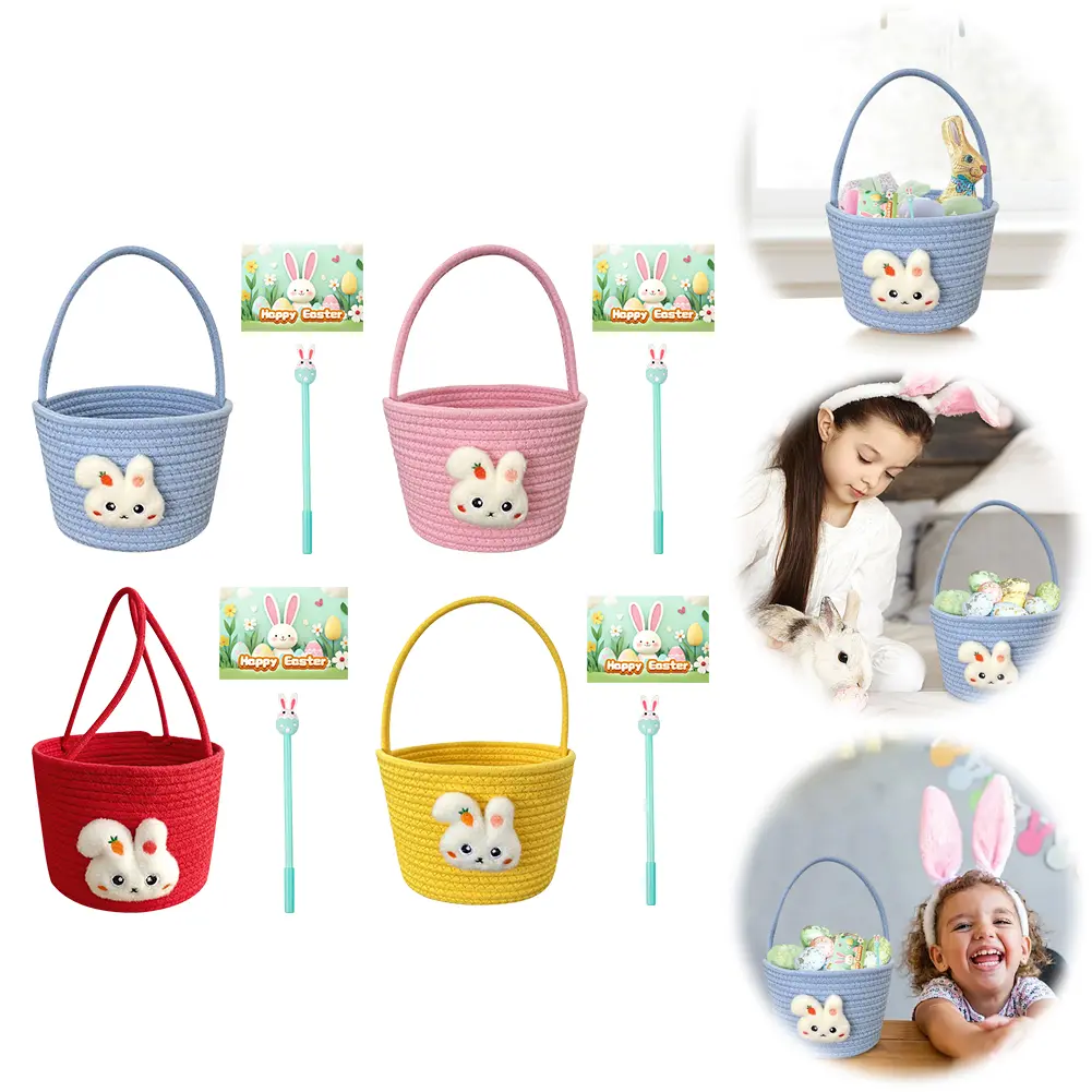 Easter Basket with Handle Hand-Woven Bunny Gift Basket Cotton Thread Easter Gift Storage Basket Cute Bunny Basket for Kids Gifts