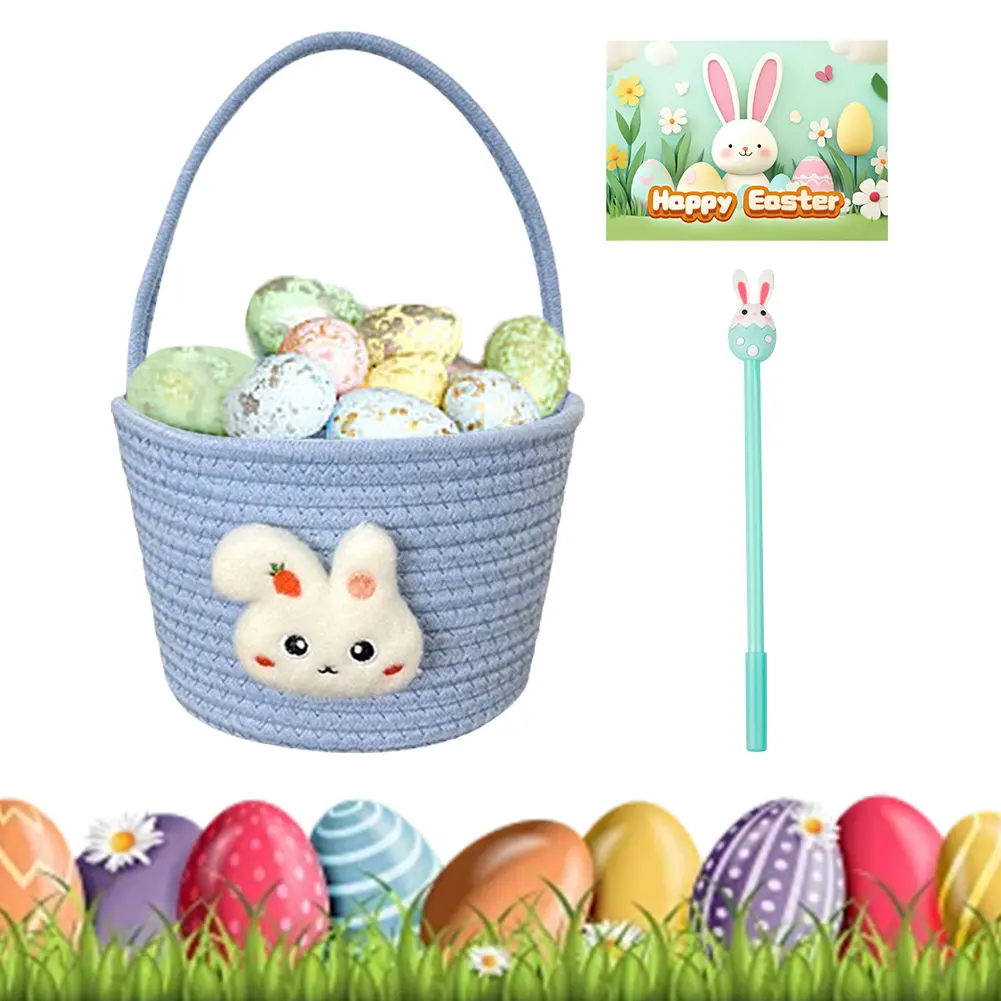 Easter Basket with Handle Hand-Woven Bunny Gift Basket Cotton Thread Easter Gift Storage Basket Cute Bunny Basket for Kids Gifts