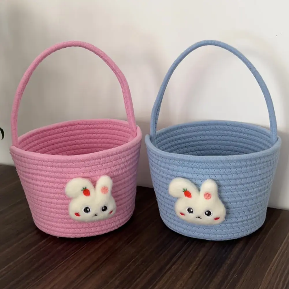 Easter Basket with Handle Hand-Woven Bunny Gift Basket Cotton Thread Easter Gift Storage Basket Cute Bunny Basket for Kids Gifts