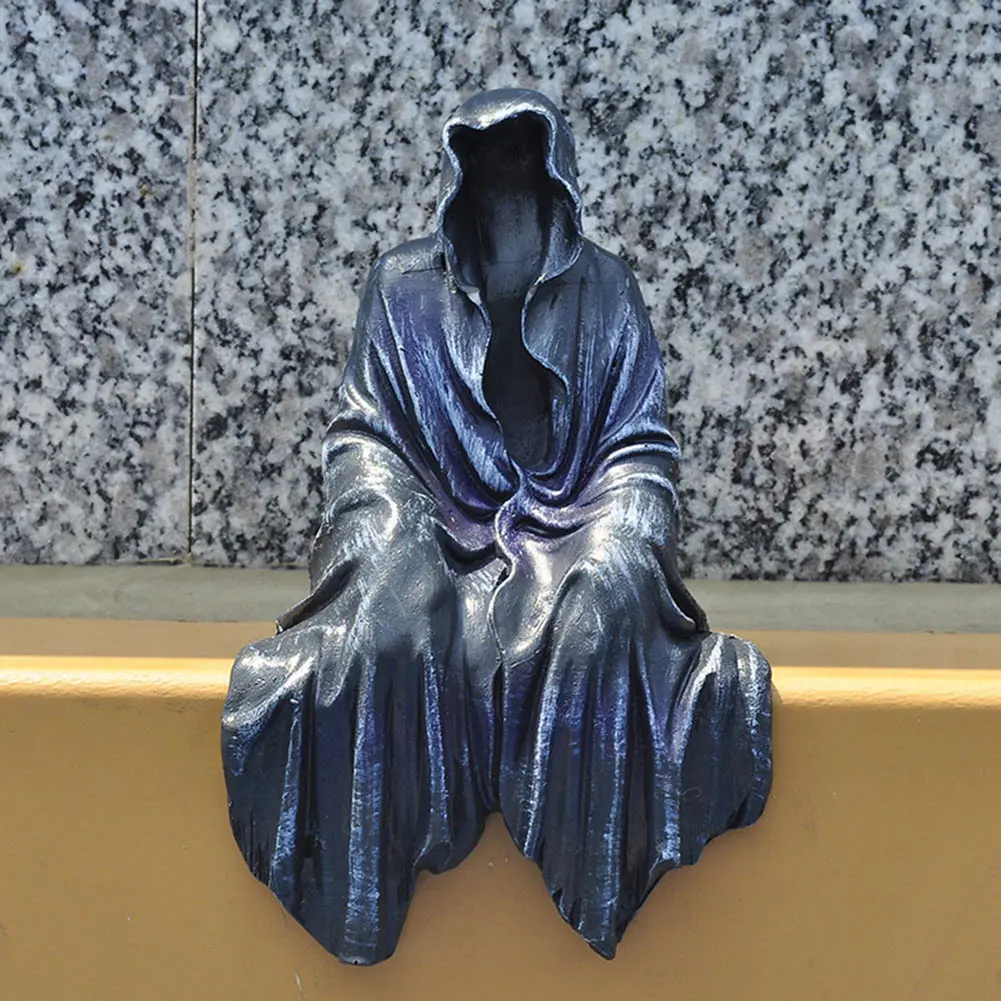 Desktop Gothic Sculpture Resin Death Grim Reaper Decor Ghost Sitting Sculpture for Outdoor Garden Shelf Decor