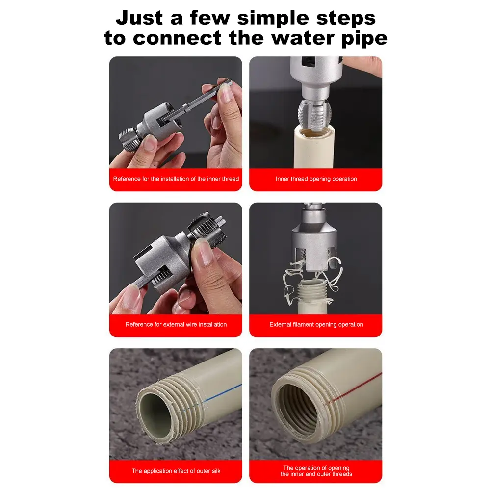 Integrated Internal & External Pipe Threading Tool 1/2 3/4 Inch PVC Pipe Threader Compatible Electric Drill Pipe Rethreading Kit