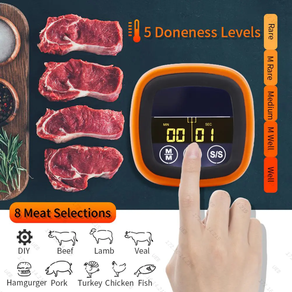 Digital Meat Kitchen Thermometer Waterproof Touch Screen Meat Temperature Probe Thermometer with Timer Mode for Grilling Kitchen