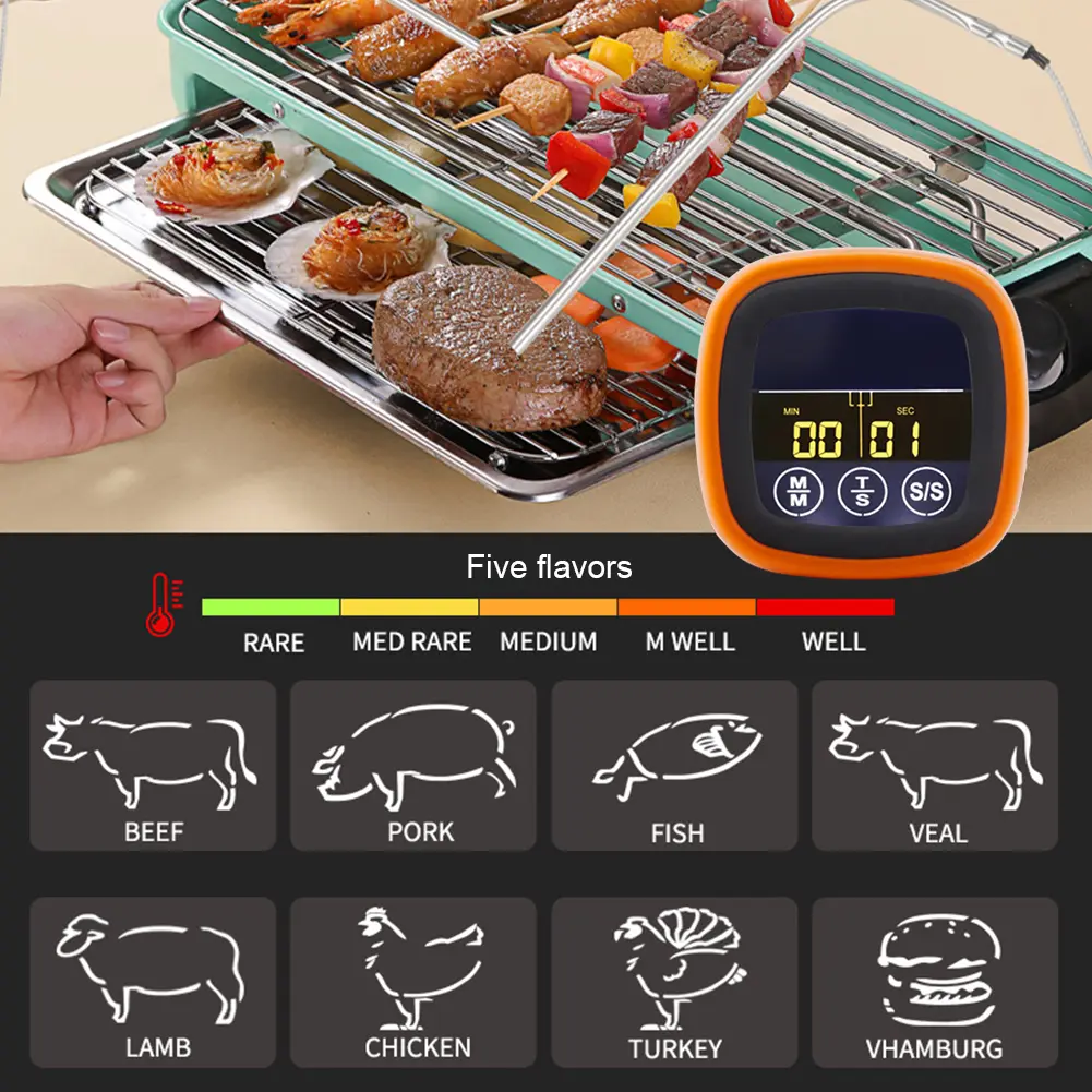 Digital Meat Kitchen Thermometer Waterproof Touch Screen Meat Temperature Probe Thermometer with Timer Mode for Grilling Kitchen